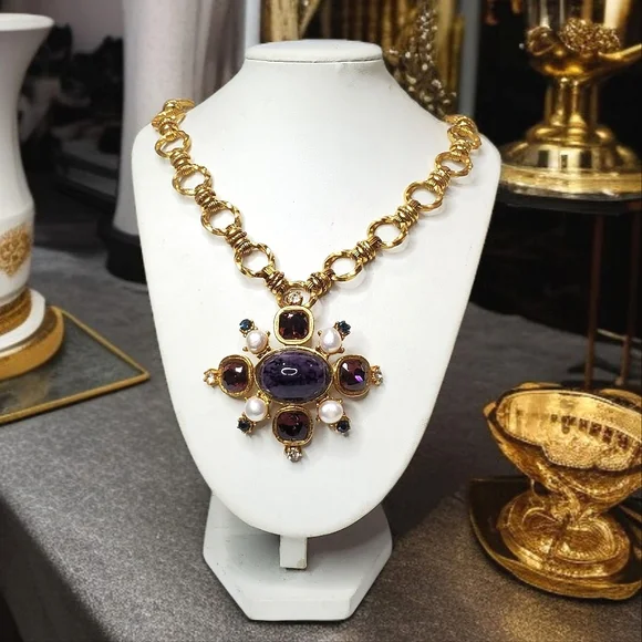 GERARD YOSCA Vintage Gold Byzantine Maltese Cross Glass Cabochon Necklace - Picture 1 of 5